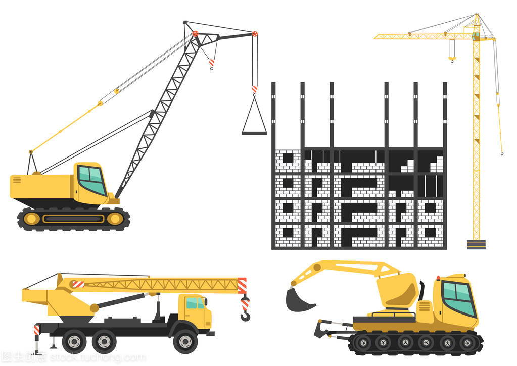 建筑起重機和工程施工現場的機械。顏色矢量圖標集